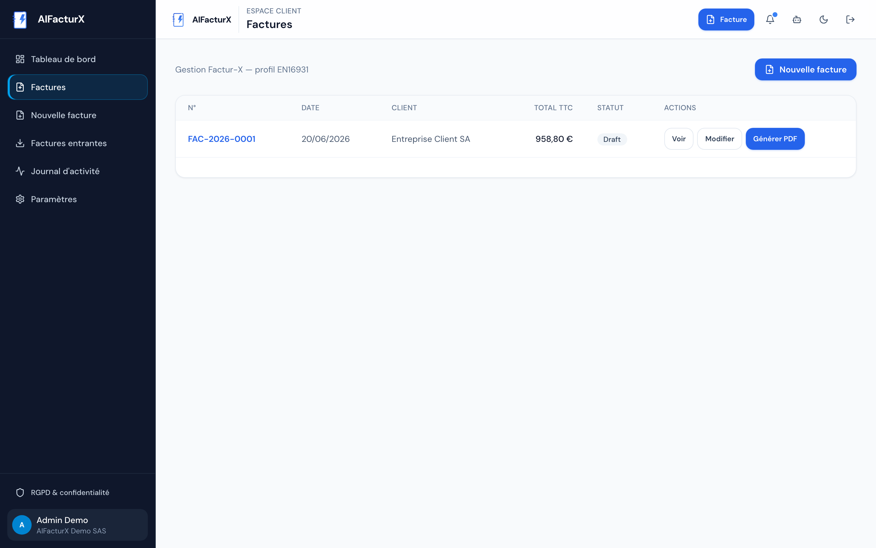 Liste des factures Factur-X dans AIFacturX